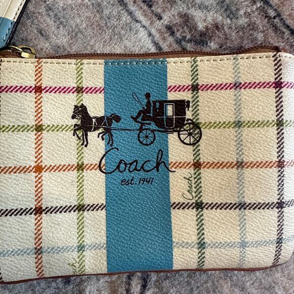 COACH 1941 Leather Trim Tattersall Wristlet Bag Cream & Blue Plaid Purse EUC - Picture 2 of 9